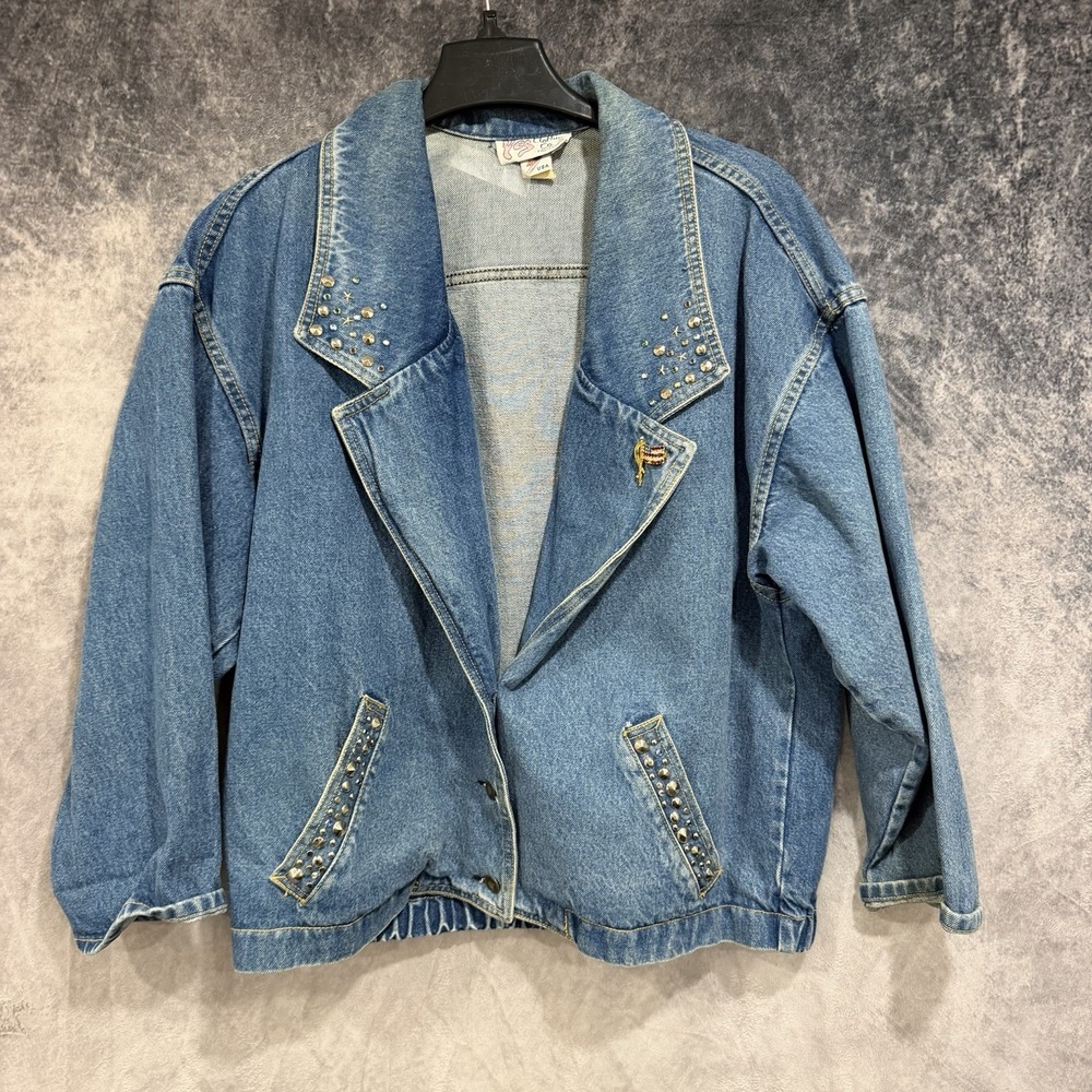 Vintage YES Clothing Co Denim Jacket Womens Studded Rhinestone USA Flag